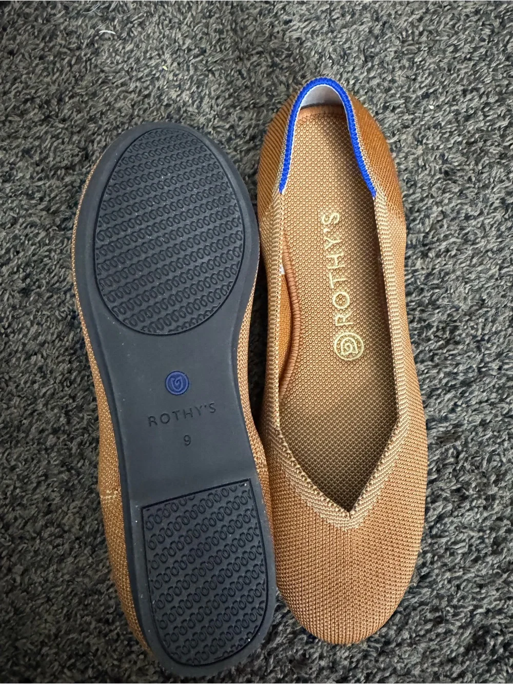 Rothy's Tan Knit Slip-On Flats with Blue Trim